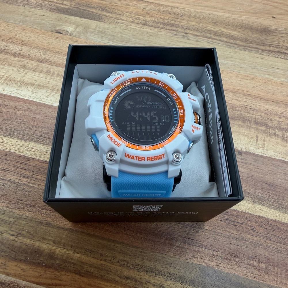 Activa Men's 56mm Digital Sports Watch White Orange Blue Water Resist 2458
